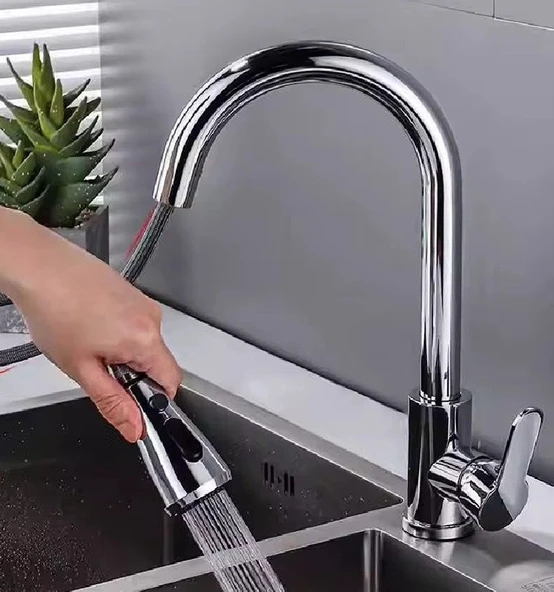 KROM SPİRALLİ EVİYE BATARYASI ÇİFT MODLU ÇEK BIRAK UZAYAN BAŞLIK PRİNÇ GÖVDE MUTFAK MUSLUK