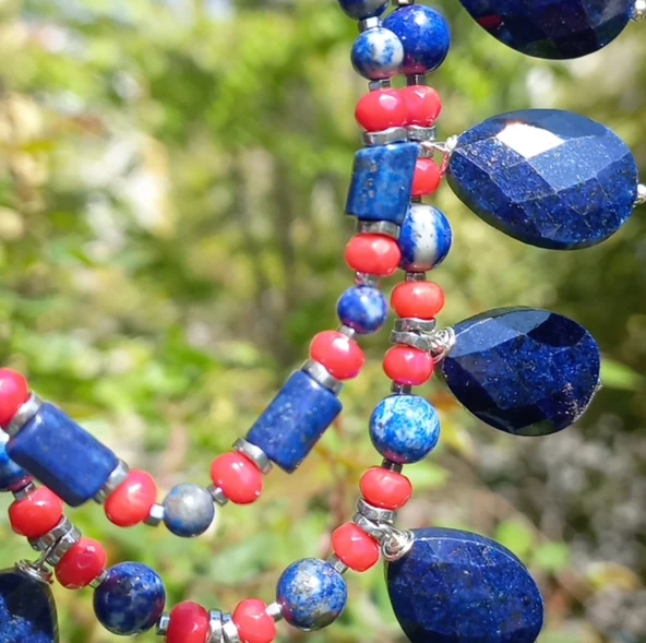 2252 Lapislazuli Mercan çift sıralı el yapımı kolye - 7