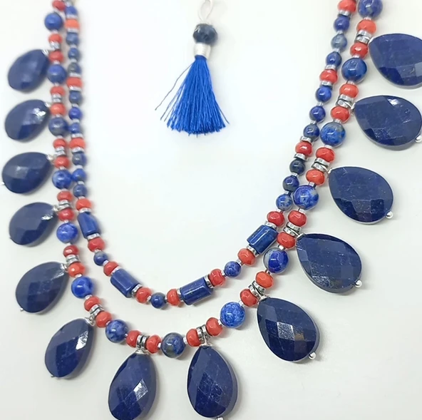 2252 Lapislazuli Mercan çift sıralı el yapımı kolye - 4