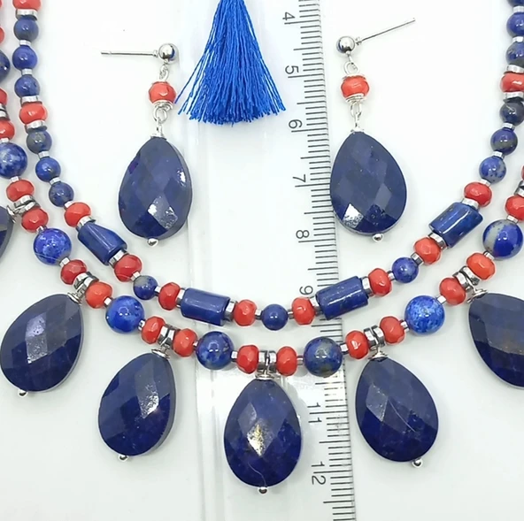 2252 Lapislazuli Mercan çift sıralı el yapımı kolye - 2