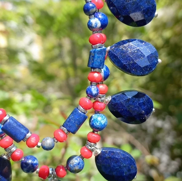2252 Lapislazuli Mercan çift sıralı el yapımı kolye - 6