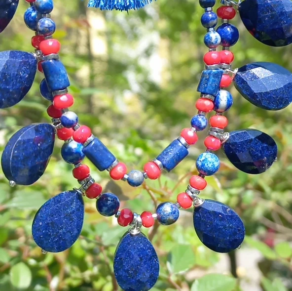 2252 Lapislazuli Mercan çift sıralı el yapımı kolye - 3