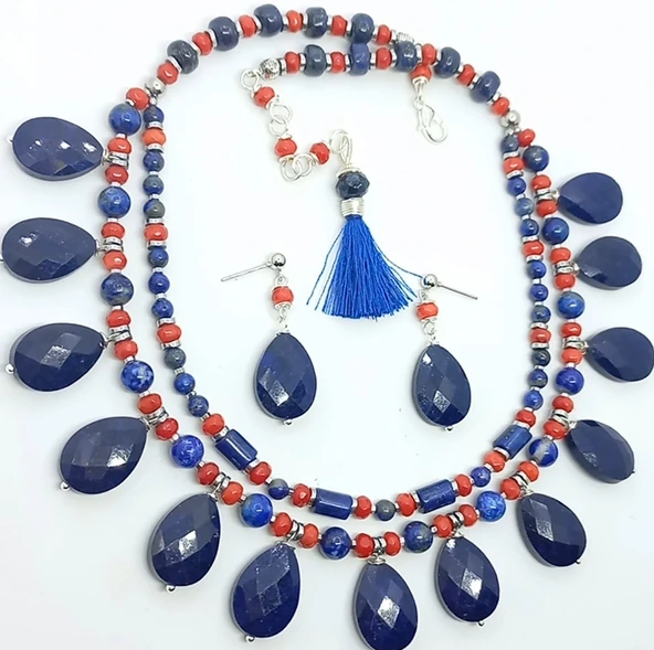 2252 Lapislazuli Mercan çift sıralı el yapımı kolye - 1