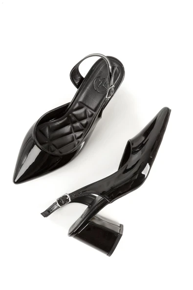 Verlik Siyah Rugan Kısa Kalın Topuklu Stiletto Asimetrik Bantlı Kadın Ayakkabı ürün görseli