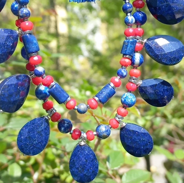 2252 Lapislazuli Mercan çift sıralı el yapımı kolye - 8