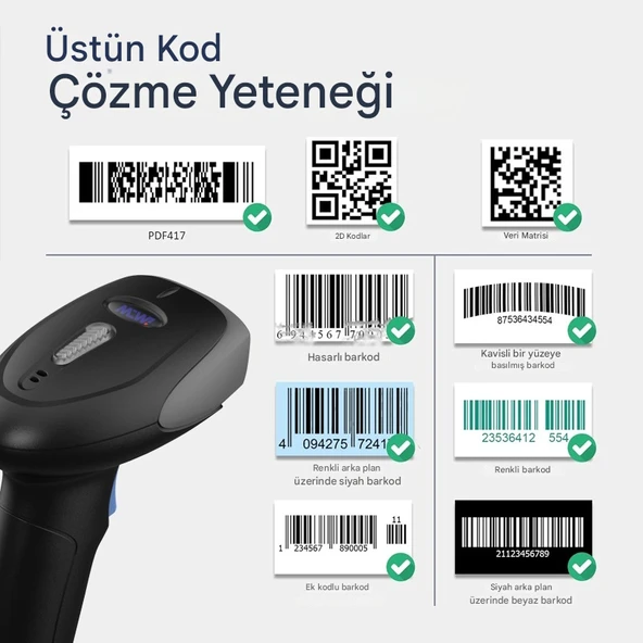 Ventus Mpia BS-2 Taşınabilir 2D/1D QR ve Barkod Okuyucu – USB & Kablosuz – QR & Barkod Tarayıcı POS Depo Mağaza - 3