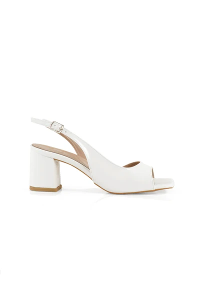 Nino Beyaz Rugan Kalın Topuklu Sandalet Küt Burunlu Ayakkabı - 4