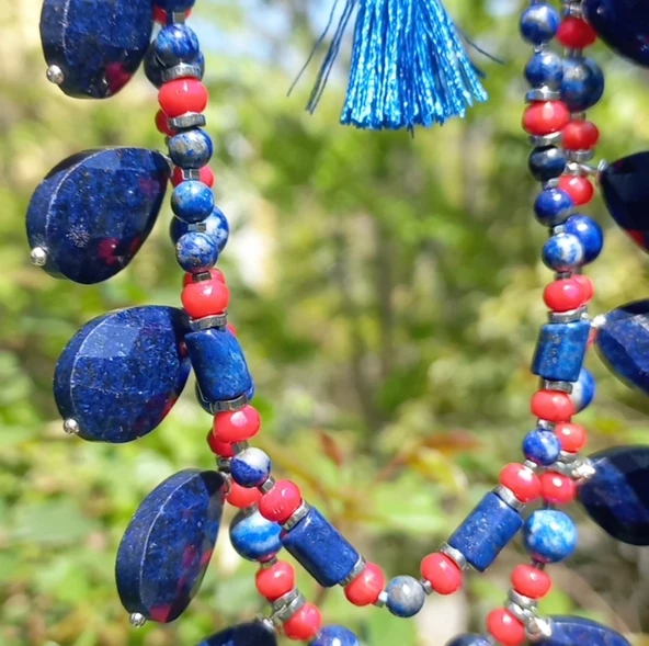 2252 Lapislazuli Mercan çift sıralı el yapımı kolye - 5