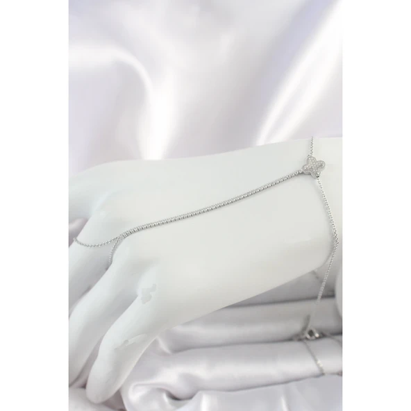 Pirinç Gümüş Renk Su Yolu Zirkon Taşlı İşlemeli Yonca Model Kadın Şahmeran - Tj-sn626