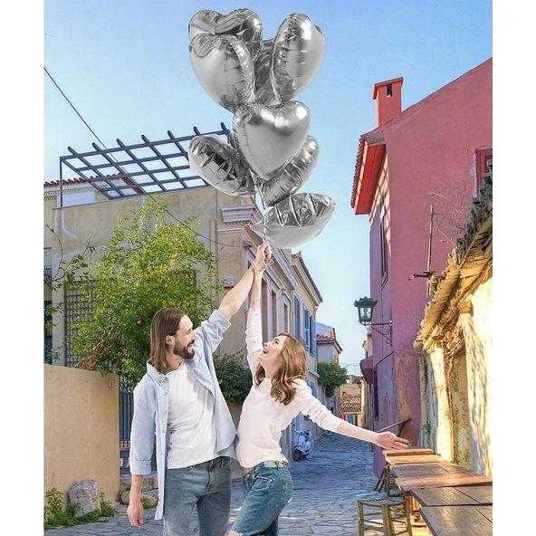 Metalize Parlak Gümüş Kalp Şekilli Uçan Balon Folyo 18 İnç 45 Cm 10 Adet - 3