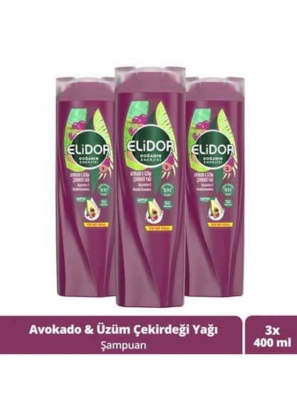 Elidor Doğanın Enerjisi Saç Bakım Şampuanı Avokado ve Üzüm Çekirdeği Yağı Güçlendirici & Parlaklık Kazandırıcı 400 ml X3