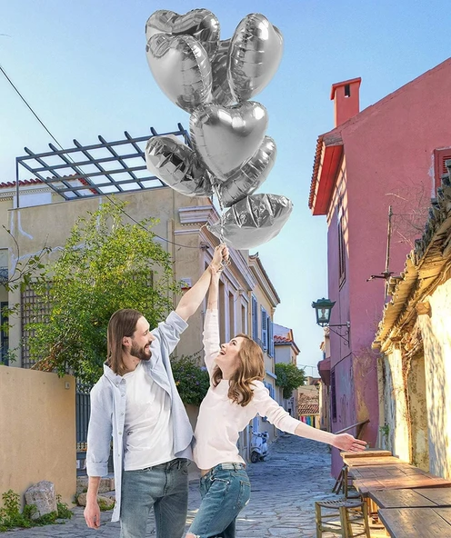 Metalize Parlak Gümüş Kalp Şekilli Uçan Balon Folyo 18 İnç 45 Cm 10 Adet - 6