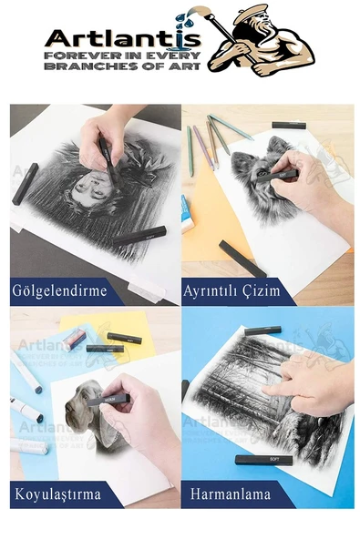 Sıkıştırılmış Kömür Füzen Seti 3 lü ve Zımpara 1 Paket Siyah Kare Press Kömür Füzen Yassı Çizim Gölgelendirme Grafit - 5
