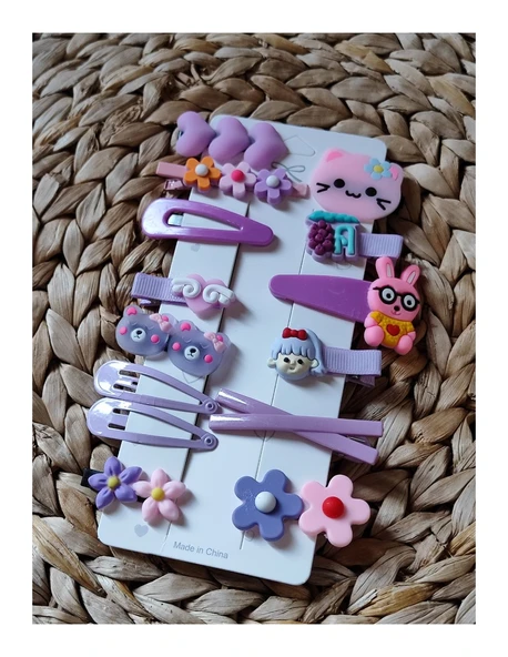 14 Lü Set Çocuk Saç Tokası Seti Mor Tema Çoklu Figürlü Toka Set - 2