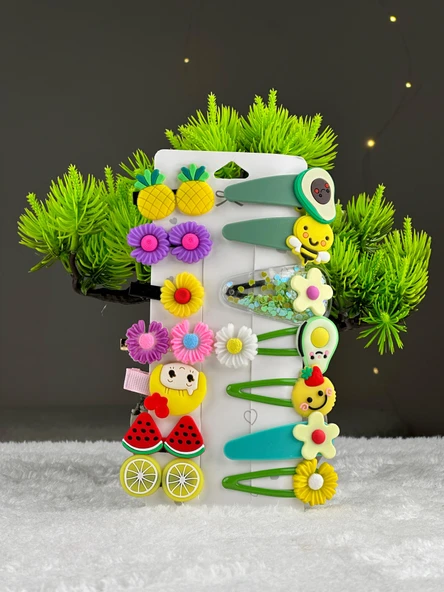 Yeşil Meyve Tema  14 Lü Set Çocuk Saç Tokası Seti Çoklu Figürlü Toka Set - 2
