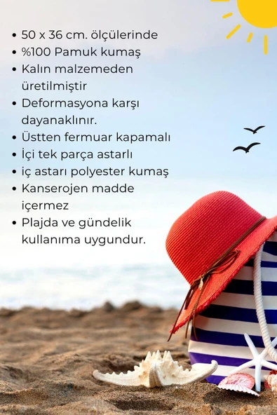 Lacivert Çizgili Pamuk Kumaş Büyük Boy İçi Astarlı Kadın Spor Plaj Çantası // PC001 - 5