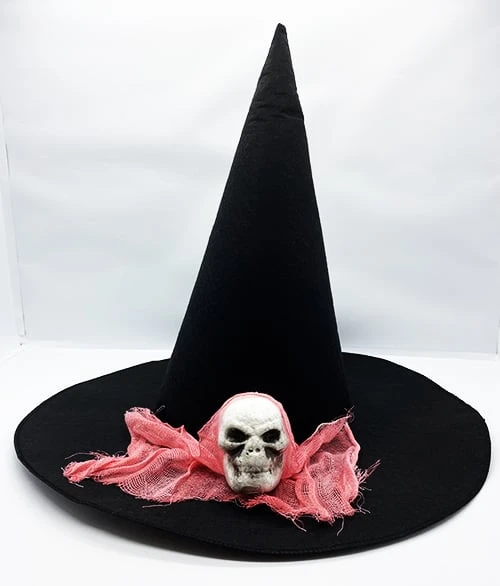 Siyah Renk Pembe Duvaklı Kuru Kafa Temalı Cadı Şapkası 35x38 cm - 1