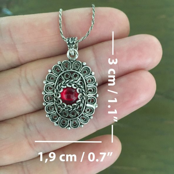 Kırmızı Taşlı Gümüş Kolye Ucu ve Zincir - 4