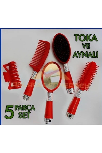 abnturk Plastik Ergonomik Kullanışlı Ayna Toka Fırça Tarak Seti 5 Parça Saç Bakım