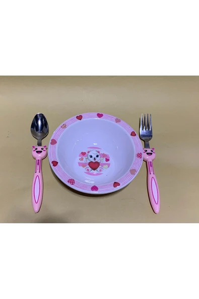 abnturk Pembe Renk Ayıcık Desenli Kız Çocuk Mama Tabağı Seti 3’Lü Çocuk Yemek Takımı - 4