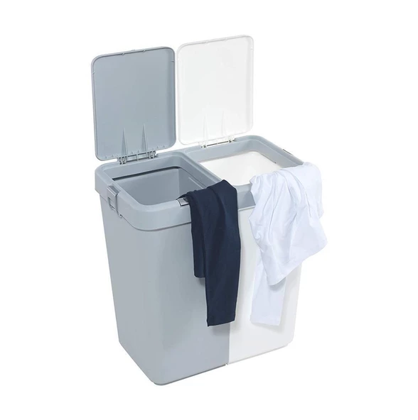 Motek 80 Litre Kirli Çamaşır Sepeti Çamaşır Selesi İkili Çeyiz Seti Gri Beyaz - 3