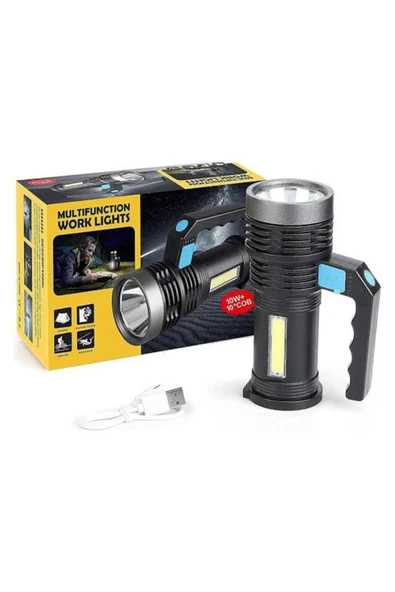 abnturk Ultra Parlak Açık Beyaz Işık Lens Uzun Menzilli Çok Fonksiyonlu USB Şarjlı Taşınabilir El Feneri