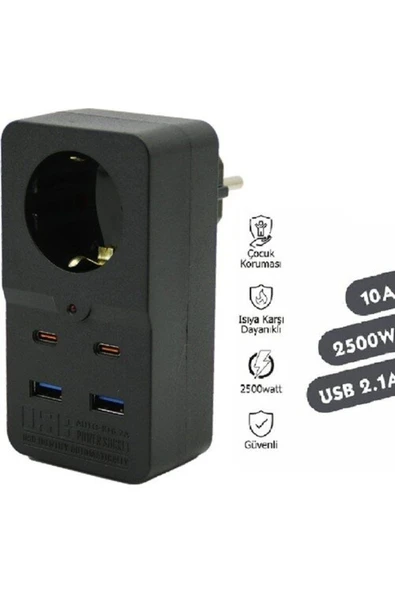 abnturk Termal ısıya dayanıklı Akım Korumalı Type-C Ve USB 2.1A Şarj Çıkışlı 10A 2500W Priz - 5