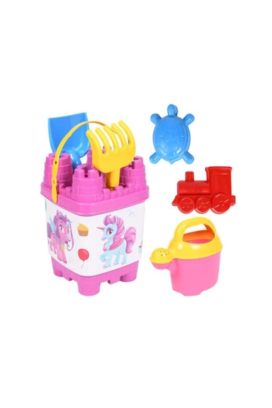 abnturk Büyük Boy 8 Parça Kare Unicornlu Kale Kız Çocuk Plaj Deniz Kum Kova Seti Kürek Tırmık Suluk Set