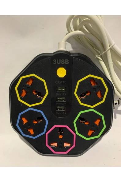 abnturk 3 USB girişli 5 Universal priz Girişli Toplam 8 Girişli Power Tuşlu Uzatma Priz Kablo - 2