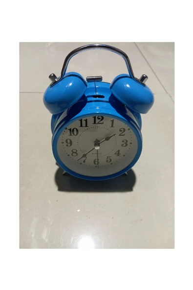 abnturk Nostaljik çalar saat 16×11 cm ebatında zilli pil ile çalışan metal mavi masa saati