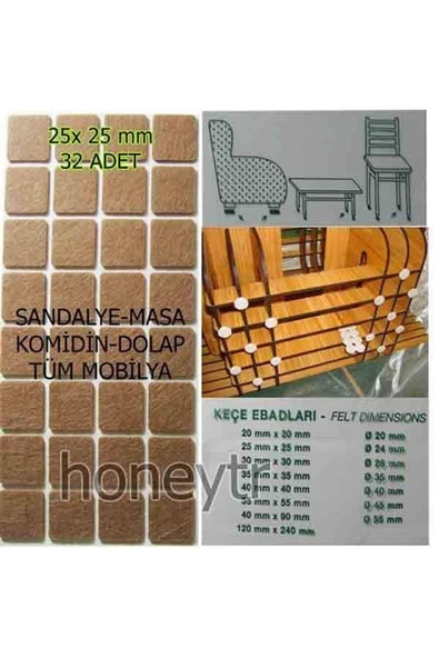 abnturk 1 Kartelada 32 adet 25x25mm Zemin Koruyucu Keçe Sandalye Masa Mobilya Ayağı Kendinden Yapışkanlı Pat