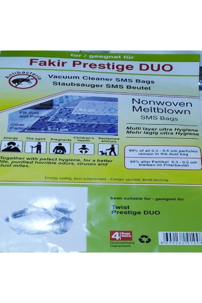 abnturk Özel Üretim 10 Adet FAKİR PRESTİGE uyumlu  Süpürge Toz Torbası Sıfır Düzeyinde 3 Kat Elyaf