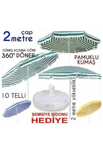 abnturk Özel Bidon ile Set Pamuklu kumaş Büyükboy açı verilen 2 MT Şemsiye Bahçe,balkon,teras,plaj şemsiyesi