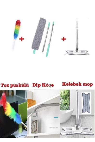 abnturk Kelebek Sıkmalı Paspas Mop-uzun Esnek Toz Alma Aparatı - Anti Statik Toz Alma Aparatı 3lü Set