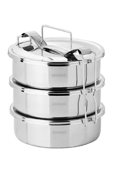 abnturk 5-6 Kişilik Çelik Sefer Tası 18x7cm 3 Kaplı Isıtılabilir Yemek Taşıma Kabı 1330ml x3=4 LT Yaylı Kulp - 1