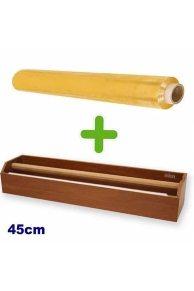 abnturk Geniş Tip 45cm Ahşap Streç Kesim Standı+1 Rulo 300m Uzun Boy 45cm Gıda Streci Hediye,gıda Koruma Set