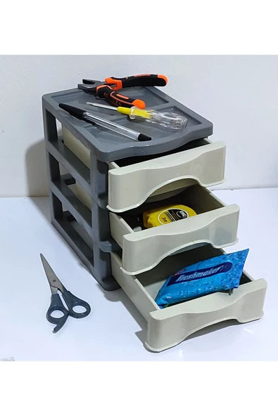 abnturk 3 Çekmeceli Bej Rengi Mini Komidin 21x15 h:20 Plastik Dikiş Nakış Enfiye Kutusu Çok Amaçl 3 Kat Kutu - 2