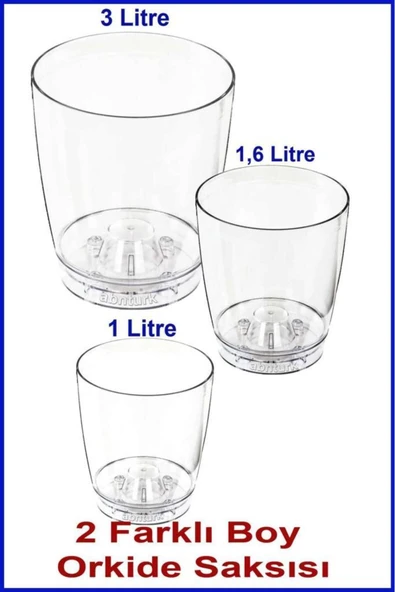 abnturk 3 Farklı Orkide Saksısı 1.Litre-1,6.Litre-3.Litre Altı Tabaklı Şefaf Orkide Saksısı Ø12-14-18cm - 1