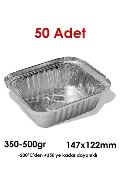 abnturk 50 Adet Alüminyum Folyo Yemek Kabı 350-500gr hacim Kap-Kase Yüksek Soğuk+Isıya Dayanan Fırına Uygun