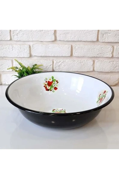 abnturk 8 Lt 41cm Jumbo Boy Beyaz Çinko Emaye Hamur Leğeni Retro Beyaz Çinko Içi Çiçekli Yuvarlak Meyvelik