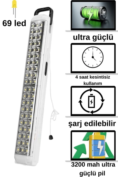 Ledim 69 Led Şarjlı Işıldak Ledli Kamp Lambası El Feneri Projektör Şarj Aydınlatma Ampul Akülü Spot Lamba