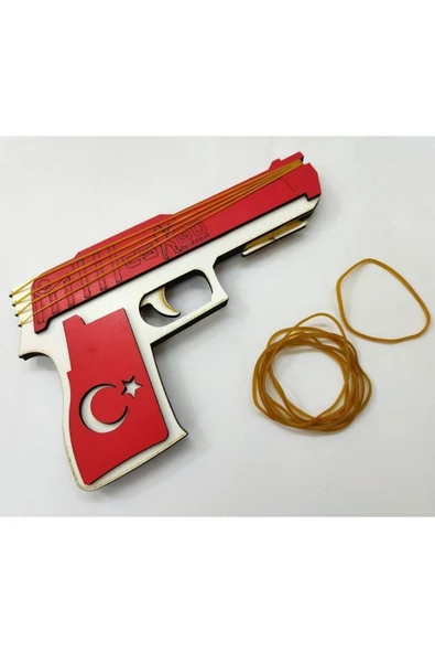 İstoç Türk Para Lastiği Atan Otomatik Oyuncak Ahşap Tabanca 20 Lastik Hediye Sağlam Ve Zararsız Çocuk Oyuncağı - 4