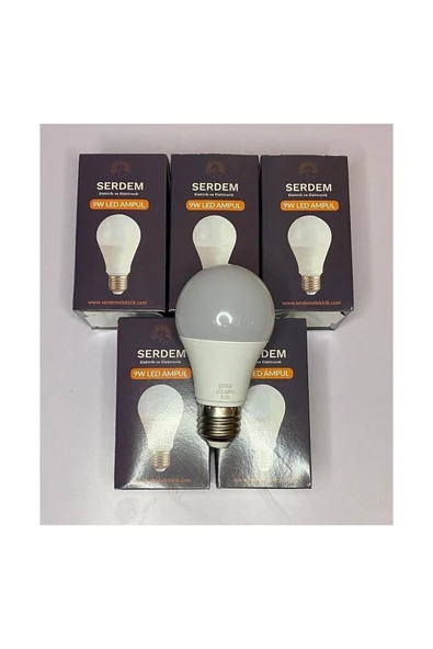 SERDEM 5 Adet Elektrik 9w Led Ampul Tasarruflu Uzun Ömürlü 6500k Beyaz Işık E27 Duy 5 Adet Fiyatı