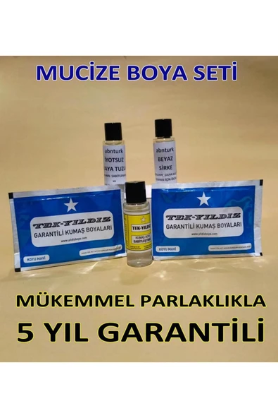 abnturk Koyu Mavi 5li Kumaş Boya Seti+Sabitleme+Kalıcı için Sirke+Parlaklık için iyotsuz Tuz+2 Adet Boya - 1