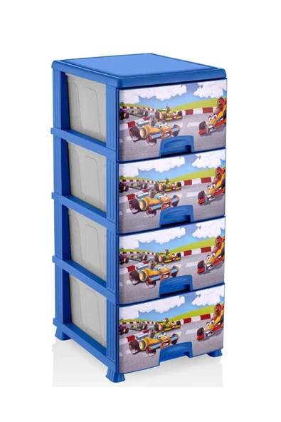 abnturk 4 Çekmece Mavi Arabalar Desenli BüyükBoy Ultra Lüks Komidin Yüksekliği 93cm 43x38 Plastik Dolap Raf