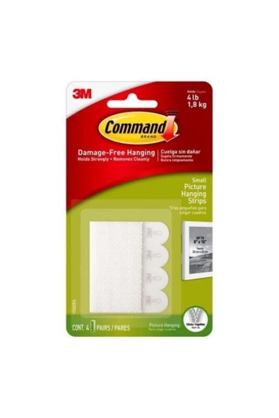 3M Command Küçük Boy Cırt Bant Askı Bandı (Tablo Asma Bandı) 1,8 Kg Kapsiteli 17202-3pk