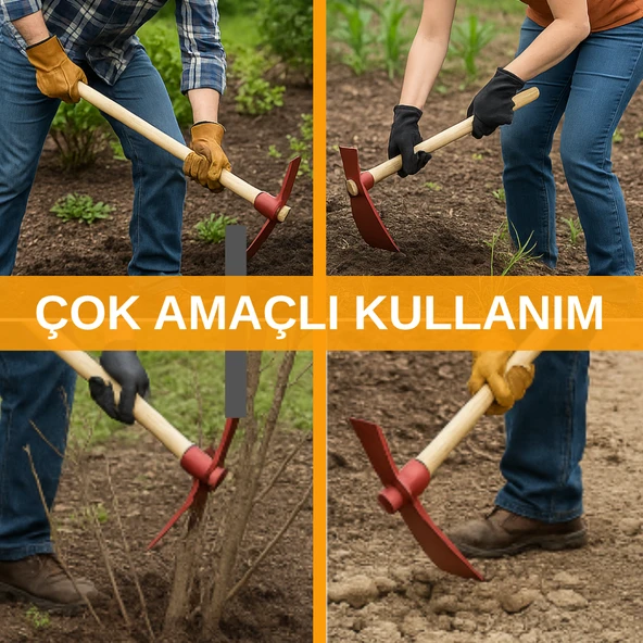 Bahçe Çapa Kazma Toprak Havalandırma Yabani Ot Temizleme Profesyonel Ergonomik Ahşap Kırmızı 40 CM - 4