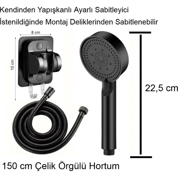 Jet Özellikli Duş Seti | Hortum+Yapışkanlı Askı Aparatı + El Duşu | R1002-S - 2