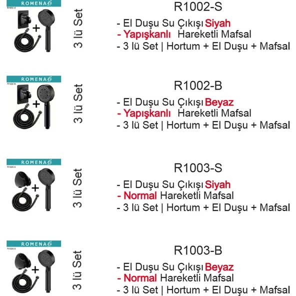 Jet Özellikli Duş Seti | Hortum+Yapışkanlı Askı Aparatı + El Duşu | R1002-S - 5