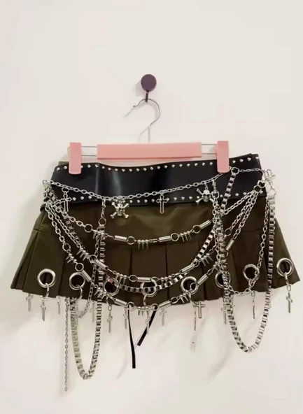 Kendinden Külotlu Mini Etek, Zincir Detaylı Mini Etek, Punk Etek, Gotik Etek, Kemerli Etek